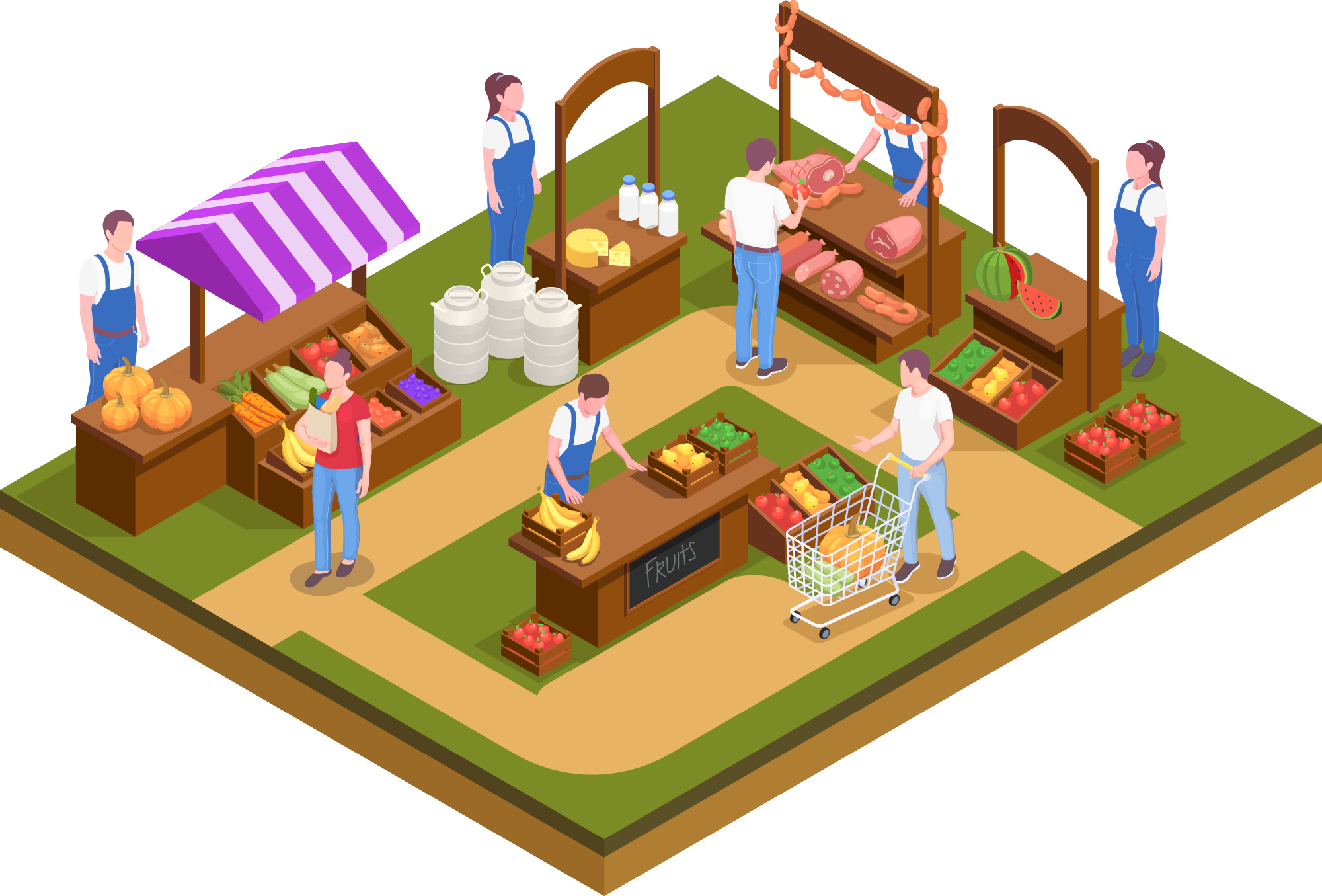 Illustration of consumers exploring and choosing products at a market stand